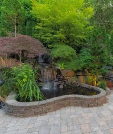 A backyard with a pond and waterfall.